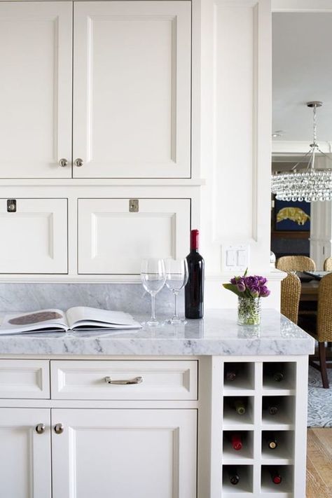 Adding Wine Storage to Your Kitchen: From a Little Bit to a Whole Lot Kitchen Island Storage Ideas, Kitchen Island Storage, Island Storage, Built In Wine Rack, Kitchen Wine Rack, Kitchen Storage Space, Kabinet Dapur, White Shaker Cabinets, Transitional Kitchen