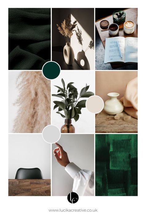 Emerald Green Instagram Feed, Dark Green Instagram Feed, Dark Green Mood Board, Dark Green Moodboard, Dark Green Branding, Dark Green Colour Palette, Brown Branding, Brand Mood Board, Elegant Color Palette