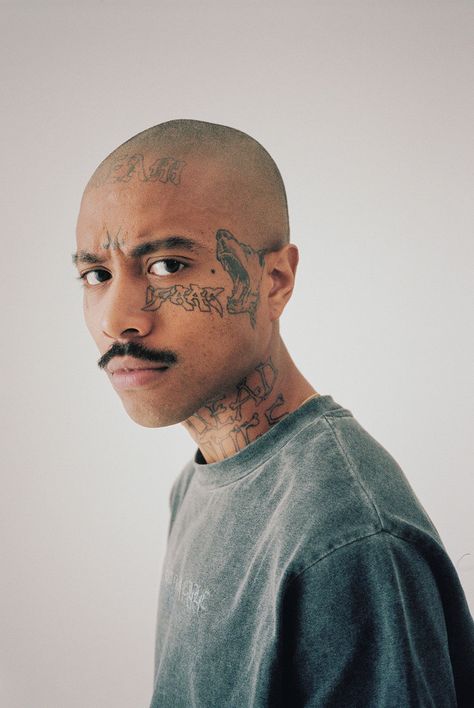 The Law of Attraction — WÜL MAGAZINE Bald Head Tattoo, Mens Face Tattoos, Mustache Drawing, Bald Men Style, Mustache Men, Blackout Tattoo, Men Hair Color, Bald Hair, Tattoo Magazines