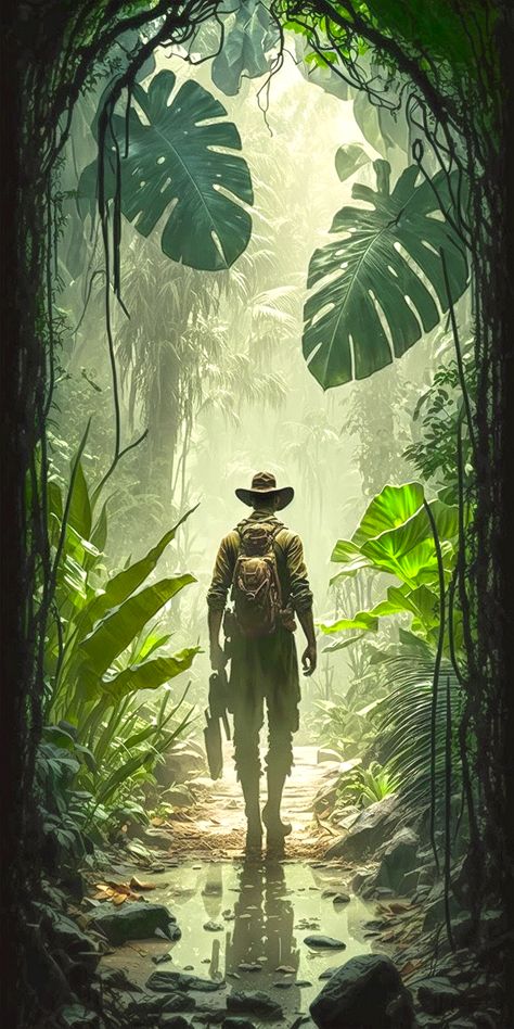 Indiana Jones explores a new way to travel back to the age of dinosaurs. Indian Jones Aesthetic, Jungle Explorer Aesthetic, Jumanji Aesthetic, Indiana Jones Wallpaper, Jumanji Theme, Indiana Jones Aesthetic, Indiana Jones Poster, Jungle Expedition, Survival Island