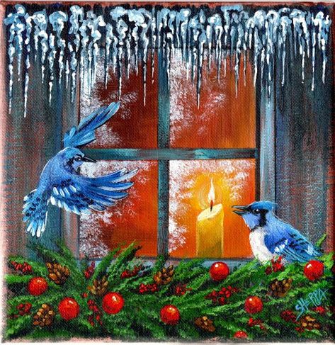 Icicles Blue Jays At Winter Window Acrylic Painting Tutorial | TheArtSherpa | The Art Sherpa Blue Jay Art, Painting For Beginners Videos, Canvas Painting For Beginners, Art Sherpa, The Art Sherpa, Christmas Paintings On Canvas, Winter Window, Colorful Paintings Acrylic, Painting For Beginners