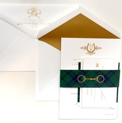 Equestrian inspired wedding invitation suite printed in gold foil! The wedding suite highlights the couple's custom wedding monogram, and features a tartan plaid bellyband with a gold horse bit I Custom by Nico and Lala Equestrian Themed Wedding, Equestrian Wedding Invitations, Horse Wedding Invitations, Horse Farm Wedding, Equestrian Invitation, Equine Wedding, Venue Logo, Letters To The Bride, Equestrian Wedding