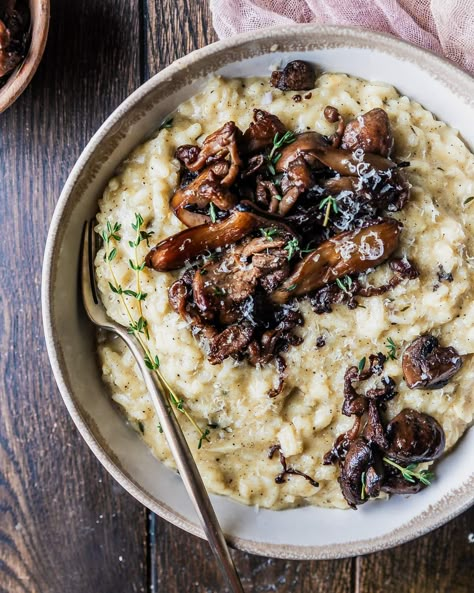 Mushroom Truffle Risotto Risotto With Steak, Truffle Risotto Recipe, Cheesy Risotto, Mushroom Truffle, Truffle Risotto, Mushroom Risotto Recipes, Thanksgiving Foods, Truffle Mushroom, Ny Strip Steak