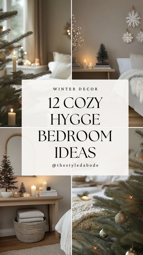 hygge winter bedroom decor ideas Hygge Winter Ideas, White Christmas Decor Bedroom, Hygge January, Hygge Winter Aesthetic, Winter Room Decor Aesthetic, Winter Hygge Aesthetic, Winter Hygge Decor, Cozy Hygge Bedroom, Hygge Winter Decor