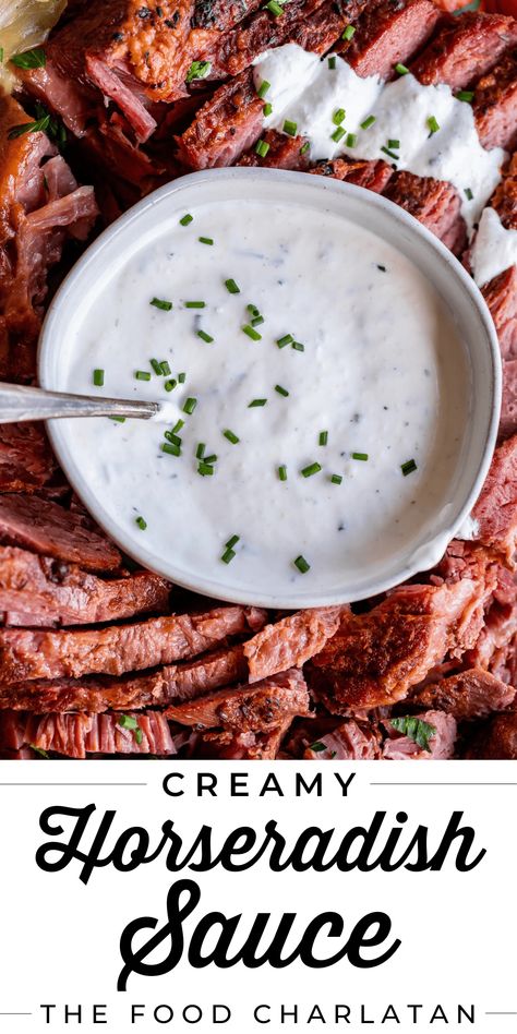 Horseradish Sauce from The Food Charlatan. This Horseradish Sauce recipe is so easy to make and has the best flavor! Just a few simple ingredients combine to make this sauce the perfect creamy condiment for Prime Rib, any kind of Steak, Corned Beef, Pot Roast, French Dip Sandwiches. Done in 5 minutes. Perfect for summer nights grilling, holidays, chicken, salmon, fish, it's great stirred into potatoes, with scrambled eggs, you name it!! Horseradish Cream Sauce is one of my favorite condiments! Horseradish Sauce For Steak, Corned Beef Sauce, Horsey Sauce, Horseradish Sauce Recipe, Shrimp Cocktail Appetizers, Prime Rib Sauce, Horseradish Cream Sauce, Garlic Aioli Recipe, Gremolata Recipe