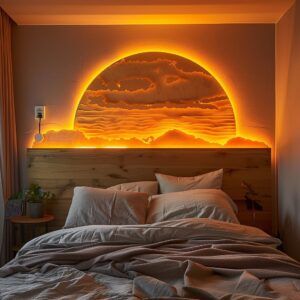 Sunset Bedroom Walls, Sunrise Bedroom Theme, Sunset Lamp Bedroom, Sun Headboard, Sunset Room Bed, Sunset Lamp On Wall, Sunset Bedroom, Sunset Theme, Sunset Decor