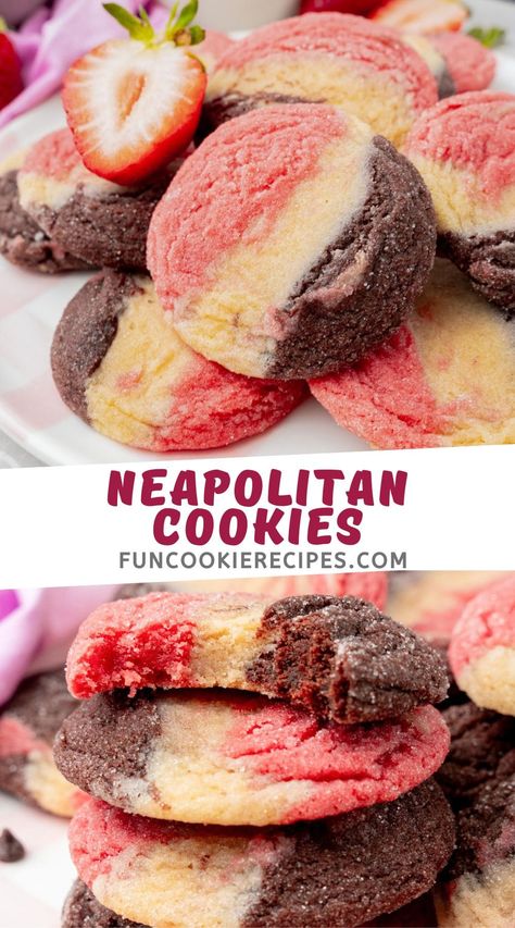 Neapolitan Cookies Swirl Cookies Recipe, Elegant Cookies Recipes, Creative Cookies Recipes, Cookie Recipes Fruit, Crumbl Cookie Copycat Neopolitan, Interesting Cookie Flavors, Creative Cookie Flavors, Variety Cookies, Unique Christmas Cookie Flavors