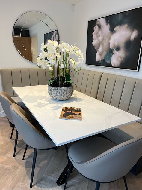 Taupe Velvet Corner Banquette Seating Corner Kitchen Dining Area, Dining Table With Booth Seating, Dining Room Corner Table, Corner Dinning Ideas, Corner Kitchen Bench Seating, Corner Dinner Table Ideas, Dining Bench Corner, Banquette Dining Room Ideas, Dinning Room Banquette