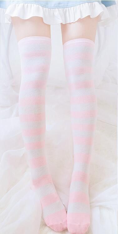 Pink & white striped thigh-high socks Pastel Thigh Highs, Kawaii Thigh High Socks Outfit, Pink Thigh Highs, Striped Socks Aesthetic, Cutecore Socks, Cute Thigh Highs, Cute High Socks, Thigh Socks Aesthetic, Skirt With Thigh High Socks