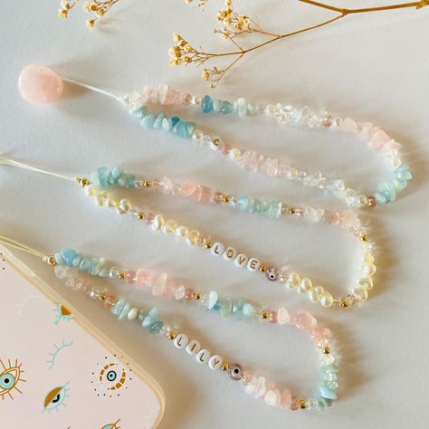 Crystals Rose Quartz, Cell Phone Charms, Bead Charms Diy, Phone Chain, Phone Strap, Crystal Rose, Rose Quartz Gemstone, Beaded Accessories, Aquamarine Gemstone