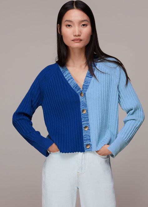 Blue Colour Block Cardigan | WHISTLES | Whistles Colour Block Knitwear, Colour Block Cardigan, Boys Quilt Patterns, Oversized Aesthetic, Winter Knitting, Knit Inspiration, Block Button, Spring 2025, Fall 24