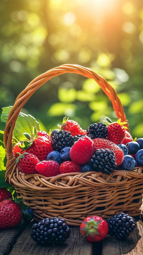 Sunlit Berry Basket: A wicker basket filled with an assortment of fresh berries sits in the warm sunlight. #berries #basket #sunlight #fresh #ripe #strawberries #blueberries #blackberries #aiart #aiphoto #stockcake https://ayr.app/l/roMv Basket Of Fruits Aesthetic, Fruit Basket Photography, Basket Of Berries, Berries Photography, Fantasy Oc, Basket Of Fruit, Greetings For The Day, Basket Centerpieces, Berry Basket