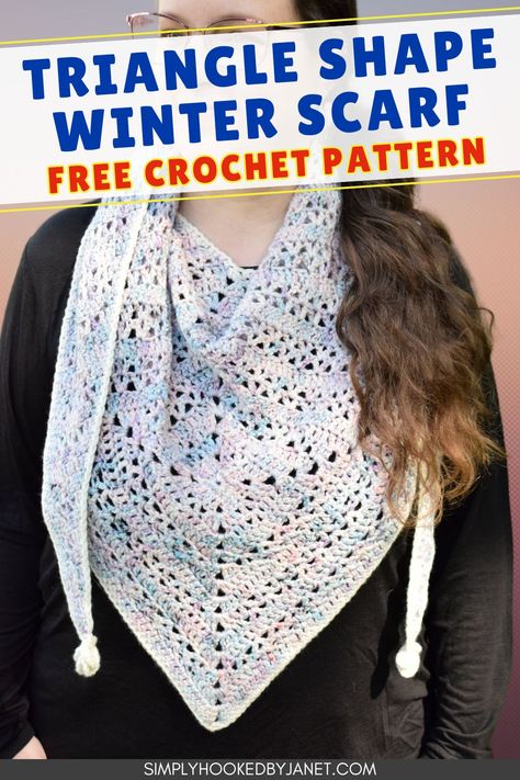 Create a beautiful and cozy accessory with this free crochet scarf pattern! Perfect for adding warmth and style, this easy-to-make crochet scarf is a versatile piece to add to your wardrobe. Whether you're looking for a lightweight winter scarf or a stylish layer for cooler days, this crochet accessory is a must-try project. With a simple, elegant design, this scarf is lightweight enough for easy layering. DK weight yarn crochet scarf. Crochet pattern by Simply Hooked by Janet. Winter Scarf Crochet, Crochet Winter Scarf, Crochet Scarf Pattern Free Easy, Winter Scarf Pattern, Free Crochet Scarf, Cowl Patterns, Crochet Triangle Scarf, Crochet Accessory, Crochet Scarf Pattern