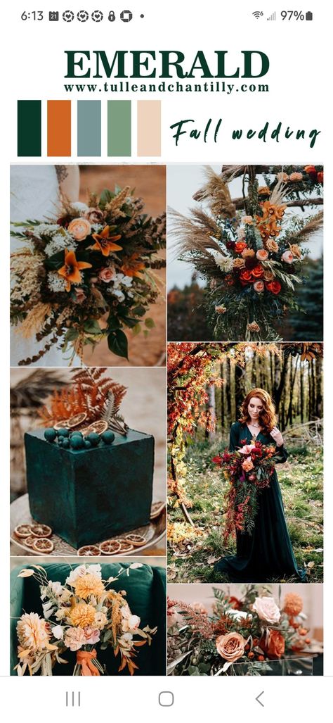 Emerald And Orange, Emerald Wedding Colors, Emerald Green Wedding Theme, September Wedding Colors, Marigold Wedding, Wedding Palettes, Forest Green Wedding, Lotr Wedding, Wedding Theme Color Schemes