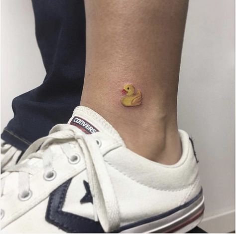 Yellow Duck Tattoo, Small Rubber Duck Tattoo, Tiny Rubber Duck Tattoo, Rubber Duck Tattoo Ideas, Duck Tattoos Cute, Minimalist Duck Tattoo, Ducklings Tattoo, Duckie Tattoo, Tattoo Ideas Duck