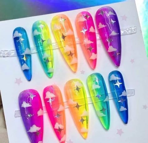 Jelly Rainbow Nails, Clowncore Nails, Acrylic Nails Ideas Almond, Blue Acrylic Nails Ideas, Royal Blue And Silver Nails, Nails Stiletto Short, Baddie Almond Nails, Long Almond Acrylic Nails, Rainbow Acrylic Nails