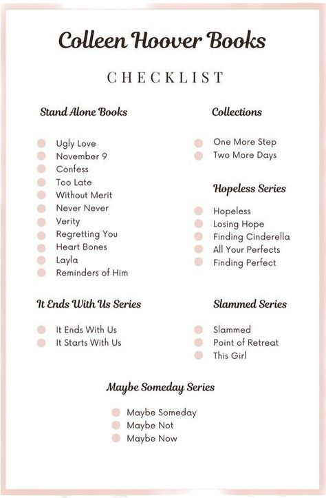 Colleen Hover Checklist, Colleen Hoover Book List, Frieda Mcfadden Books Checklist, Book Checklist Reading, Colleen Hoover Books List, Book List Printable, Karen Kingsbury Books, Book Checklist, Reading Checklist