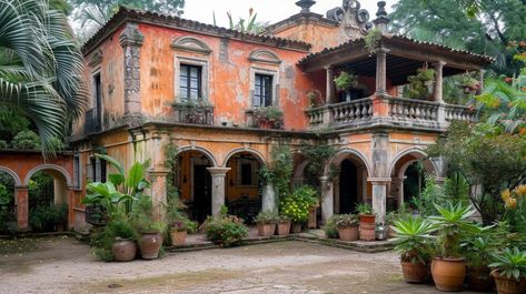 Mexico City House Exterior, Mexico City Houses, Old Spanish Style Homes Exterior, American House Aesthetic, Mexican Architecture Traditional, Mexican Villa House, Magical Minecraft, Mexican House Exterior, Old Mexican House