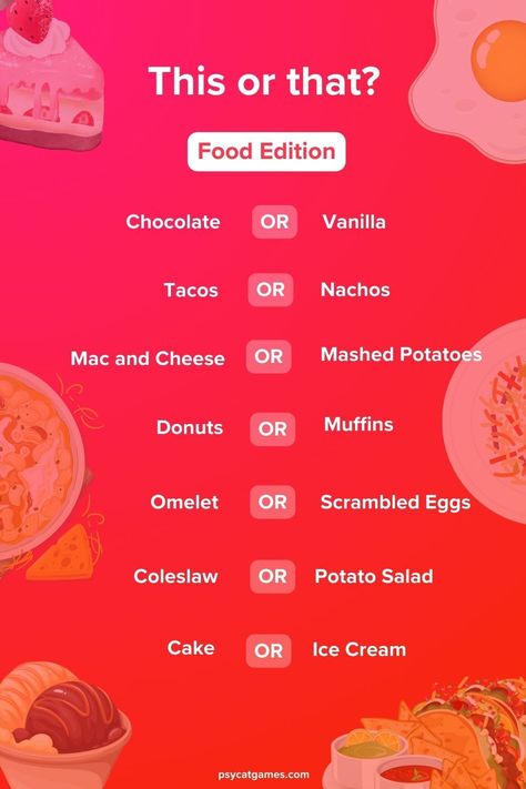 Our list of 90+ "This or That" food question offers you a choice between two delicious food options. Find out which dishes suit your tastes best, all while enjoying the fun and interactive format of the quiz. Favorite Foods List Questions, This Or That Questions Food, This Or That Food Questions, This Or That Food Edition, Food This Or That Questions, This Or That Food, This Or That, Food Questions, Manicotti Pasta