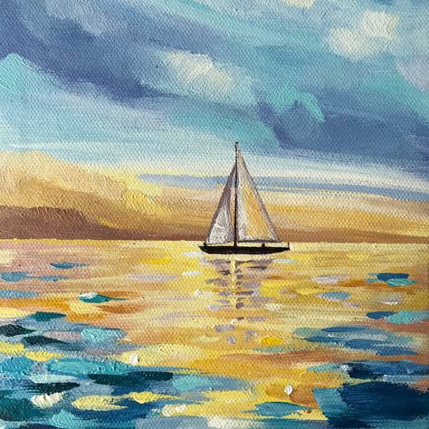 Acrylic Painting Boat On Water, Sail Boat Acrylic Painting, Sailing Acrylic Painting, Sailboat On Water Painting, Saul Boat Painting, Boat Painting Easy, Ship Paintings Simple, Boat Painting Ideas, Sea Boat Painting