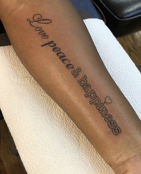 Love Peace And Happiness Tattoos, Tat Inspiration, Happiness Tattoo, Pretty Tattoos For Women, Tattoos For Black Skin, Hand Tattoos For Women, Dope Tattoos For Women, Tattoo Ideas Female, Stylist Tattoos