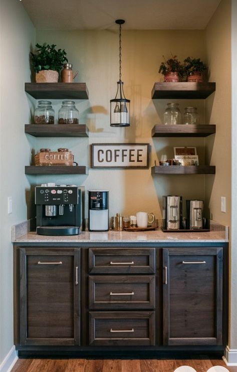 Coffee Station Ideas Countertop, Coffee Bar In Kitchen, Kaffe Station, Home Coffee Bar Ideas, Bar In Kitchen, Cofee Bar, Coffee Bar Ideas Kitchen Counter, Farm Dream, Coffee Station Ideas