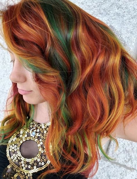 Auburn And Green Hair, Christmas Hair Dye Ideas, Orange And Green Hair Color, Copper And Vivid Hair, Ginger Hair With Green Highlights, Red And Green Hair Color, Ginger Hair With Vivid Color, Autumn Rainbow Hair, Spooky Hair Color Ideas