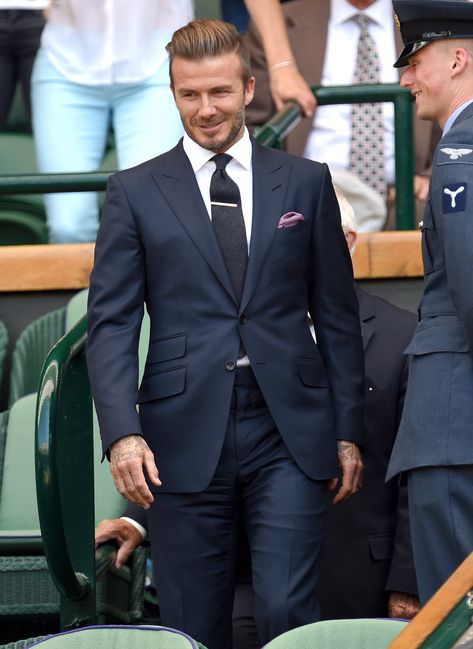 A Navy Suit and Tie Navy Suit Tie, Beckham Suit, David Beckham Suit, Blue Slim Fit Suit, David Beckham Style, Groomsmen Tuxedos, Look Formal, Navy Blue Suit, Groomsmen Suits