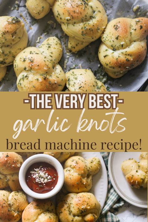 bread machine garlic bread Garlic Pizza Dough Recipe, Bread Machine Garlic Bread Recipe, Using Pizza Dough, Pizza Dough Bread Machine, Easy Garlic Knots, Homemade Garlic Knots, Garlic Bread Sticks, Garlic Parmesan Knots, Garlic Butter For Bread