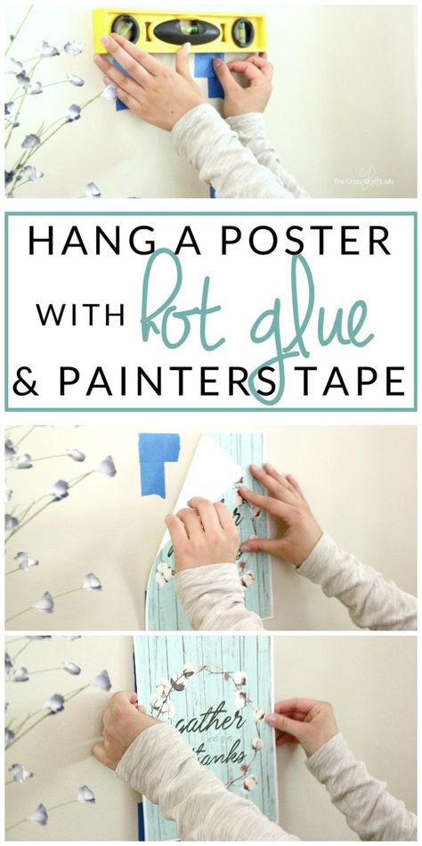 Learn how to hang a poster without damaging your walls - using painters tape and hot glue. This is such a genius damage-free wall decorating technique that is perfect for dorm rooms, apartments, and renters. Decorating For Renters, Wallpaper On Walls, Renters Diy, Renters Decorating, Trendy Apartment, Wall Decorating, Dorm Walls, Bedroom Signs, How To Hang