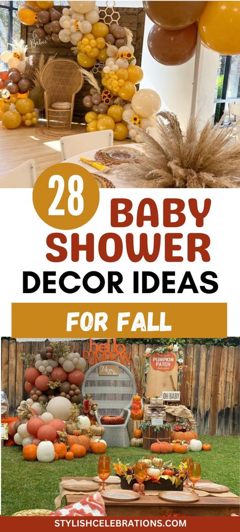 28 Baby Shower Ideas For Fall & Thanksgiving Fall Theme Gender Reveal Centerpieces, Thanksgiving Baby Shower Theme, Thanksgiving Baby Shower Ideas, Baby Shower Decorating Ideas, November Baby Shower, Baby Shower Theme Ideas, Thanksgiving Baby Shower, Themed Baby Shower Ideas, Fall Parties