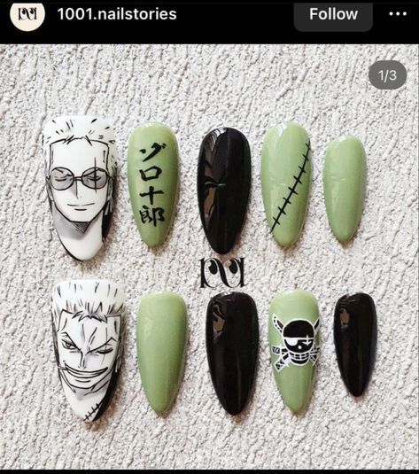 One Piece Acrylic Nails, Zoro Inspired Nails, Zoro One Piece Nails, Anime Theme Nails, Anime Inspired Nails One Piece, One Piece Nails Design, Zoro Nail Art, One Piece Inspired Nails, Nail Art Designs Anime