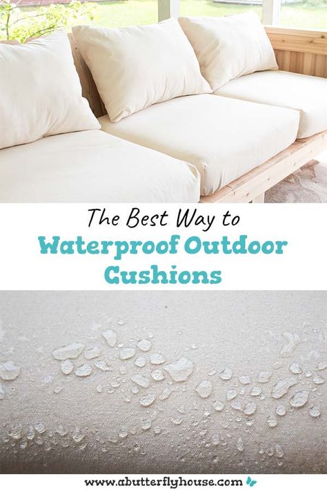 This 10-minute process is by far the easiest way to waterproof outdoor cushions! #Sewing #Backyard Pallet Cushions, Outdoor Cushion Covers, Patio Furniture Cushions, Butterfly House, Outdoor Couch, Outdoor Chair Cushions, Outdoor Furniture Cushions, Couch Cushions, Patio Cushions