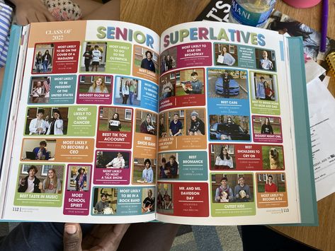 Yearbook Feature Ideas, Senior Superlatives Yearbook, Yearbook Design Layout Creative, Yearbook Superlatives Layout, Yearbook Page Layout, Senior Superlatives Yearbook Layout, Senior Sunrise Yearbook Spread, Yearbook Superlatives, Specialty Yearbook Spreads