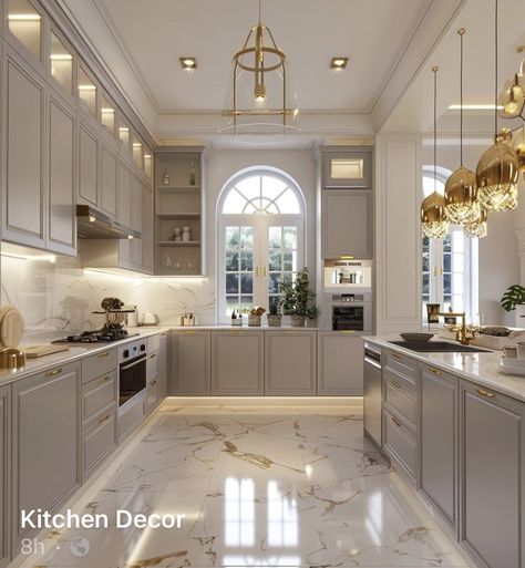 Luxury Modern Kitchen Interiors, Marble Tiles Kitchen, Beige Gold Kitchen, Sparkly Kitchen, Nude Kitchen Ideas, Soft White Cabinets Kitchen, Semi Closed Kitchen, Transitional Kitchen Design Ideas, Kitchen Reference