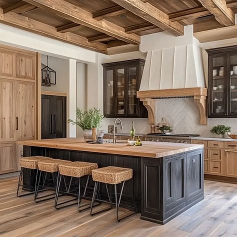 Kitchens With Wood Ceilings And Floors, Stained Cabinets With Black Island, Black Island With Oak Cabinets, Wood Pattern Ceiling, Kitchens With Wood Ceilings, Wood Ceilings Kitchen, Wooden Ceiling Kitchen, Wooden Beams In Kitchen, Wood Beams In Kitchen