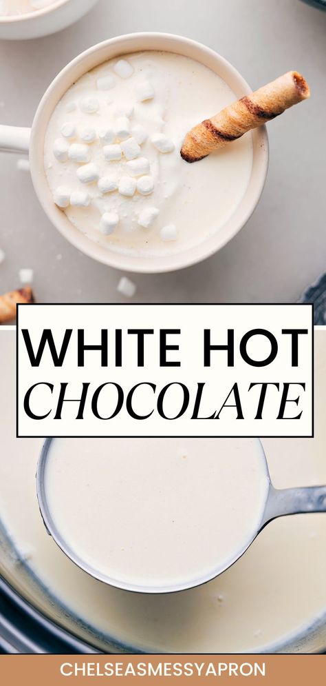 Indulge in a cup of White Hot Chocolate–smooth, melted white chocolate with a touch of vanilla–ideal for those cold nights when you’re in the mood for something deliciously creamy! How To Make White Hot Chocolate, White Hot Chocolate Recipe Crockpot, Crockpot White Chocolate Hot Chocolate, White Hot Chocolate Crockpot, White Chocolate Cocktails, Crockpot White Hot Chocolate, White Chocolate Smores, White Chocolate Drink, Milk And Honey Drink