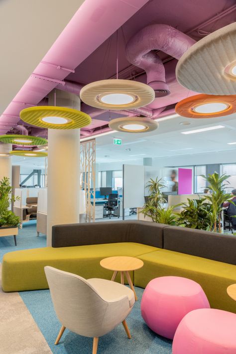 Finastra Offices - Bucharest - Office Snapshots Colourful Office Space, Colourful Office Interior, Google Office Interior Design, Office Social Space, Fun Office Design Work Spaces, Social Space Design, Fun Office Design, Colorful Office Design, Creative Office Design