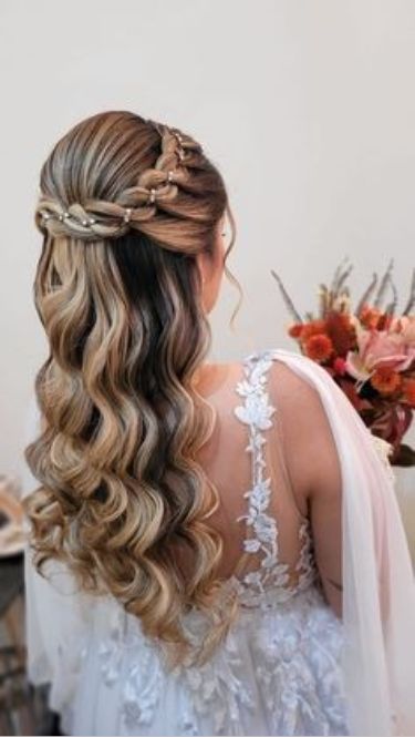 Prom Hair With Gems, Romantic Bridal Hair, Bridal Hair Half Up, Hair Piece Wedding Hair, Classic Wedding Hair, Hair Piece Wedding, Wedding Hair Piece, Bridal Hair Piece, Long Hair Wedding Styles