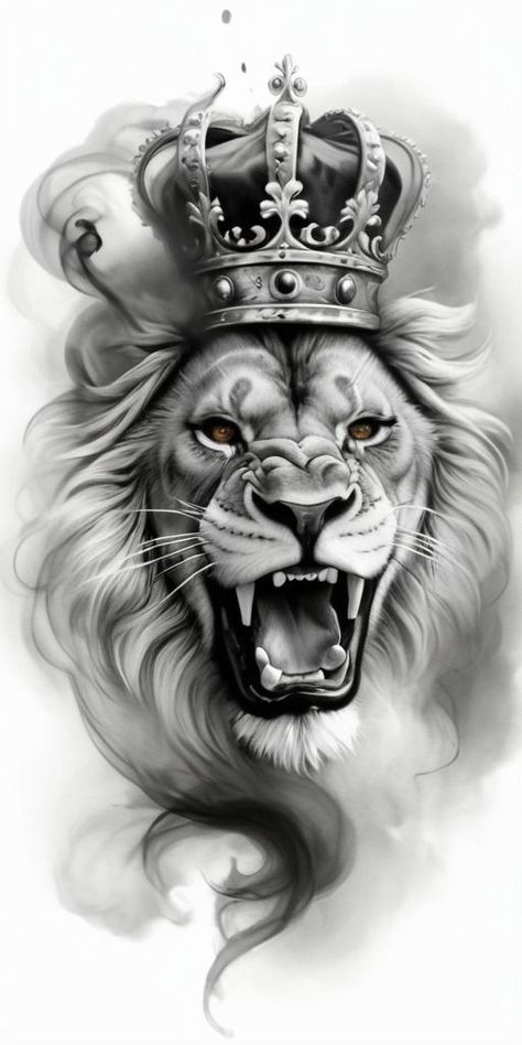 Lion With Crown Tattoo Design, Lion Wearing Crown, Lion With Crown Tattoo, Filigree Tattoos, Small Feather Tattoo, Lion With Crown, Lion Art Tattoo, Jaguar Tattoo, Ram Tattoo