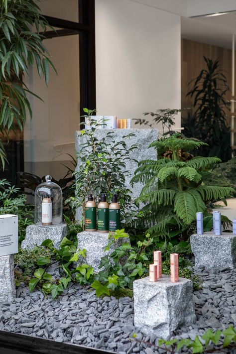 A large granite block at the centre has two sinks carved into its top. Plant Window Display, Candle Booth, Minimal Windows, Labyrinth Design, Plant Window, Local Architecture, Store Window Display, Store Window Displays, Perfume Display