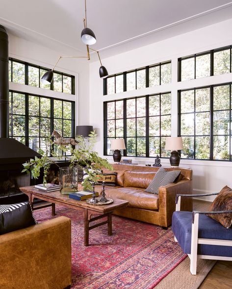 living room with vintage reversed rug and leather couches Arts And Crafts Interiors, Lauren Liess, Living Room Mantel, Arts And Crafts House, Vintage Revival, Room Goals, Design Living Room, Historic Home, A Living Room