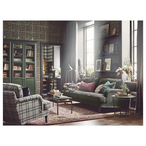 STOCKSUND Sofa, Nolhaga dark green. Order here! - IKEA Stocksund Sofa, Ikea Stocksund, Ikea Bank, Brown Sofa Living Room, Brown Living Room Decor, Black Leather Sofa, Best Leather Sofa, Ikea Couch, Sofa Ideas