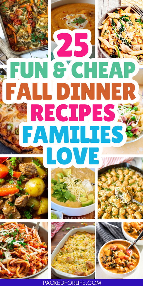 A colorful collage of hearty and comforting low-cost fall meals perfect for working moms, featuring dishes like soups, casseroles, and roasted vegetables & meat. Cheap Dinners For 5 People, Fall Meals For Family, Family Fall Recipes, Fall Season Dinner Recipes, Recipes For Quick Dinner, Easy Delicious Family Dinners, Cheap Fall Dinners For A Family, Budget Friendly Fall Meals, Recipes For Dinner Big Family