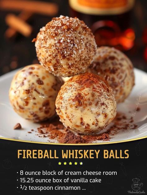 Fireball Whiskey Balls Recipe, Whiskey Cake Pops, Fireball Whiskey Cake Balls, Fireball Cookies Recipe, Fireball Whiskey Balls No Bake, Recipes Using Fireball Whiskey, Fireball Whiskey Cookies, Recipes With Fireball Whiskey, Boozy Cake Balls