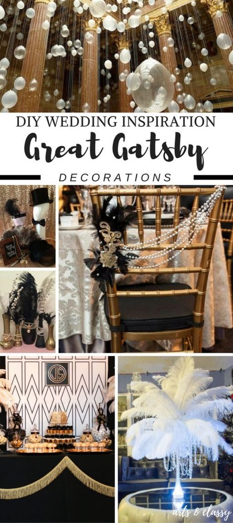 DIY Wedding ideas that fit a tight budget - The book and movie The Great Gatsby inspired me with this wedding theme. Who doesn't love the appeal of the roaring 20s. Check out these Great Gatsby Decor Ideas + Inspiration | Arts and Classy #gatsbyparty #gatsbywedding #gatsbytheme #greatgatsbyweddingtheme #weddingdecoronabudget #weddingdecordiy #weddingtheme #weddingdiydecor #greatgatsbydecor #GreatGatsby #Gatsby #diypartydecorations #1920sdecor #1920spartytheme #Weddingdecorations 1920’s Decor, Great Gatsby Decor, 1920s Party Theme, Great Gatsby Decorations, Gatsby Decor, Gatsby Decorations, Roaring 20s Wedding, Gatsby Wedding Theme, Great Gatsby Theme