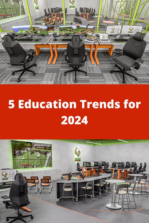 Here Are Five Top Education Trends To Watch In 2024. 1. Artificial Intelligence 2. Vibrant and Colorful Spaces 3. Supporting Teachers 4. Accessibility and Equity 5. Nontraditional Learning Models: Microschools, Microlearning, Game-Based Learning and more... #MiEN #schooldesign #learningspaces #learningenvironments #teachers #students #classroom #makerspace #innovation #schoolfurniture #cafeteria #design #teacherengagement #library #mediacenter #esports #2024 #newyear #trends #educationtrends Classroom Makerspace, Innovative School Design, School Furniture Design, Cafeteria Design, Alternative Education, Game Based Learning, Further Education, Tech School, Trends For 2024