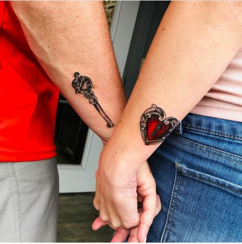 Beauty And The Beast Matching Tattoos, Puzzle Piece Tattoos, Lock And Key Tattoos, Matching Heart Tattoos, Unique Couple Tattoo, Her Tattoo Ideas, His And Her Tattoo, His And Her Tattoo Ideas, Unique Couple Tattoos