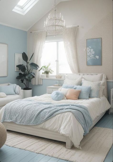 Light Blue House Decor, Blue And White Bedroom Aesthetic, Light Blue Room Aesthetic, Light Blue Bedroom Ideas, Condo Aesthetic, Baby Blue Bedrooms, Vibey Rooms, Light Blue Rooms, Blue Girls Rooms