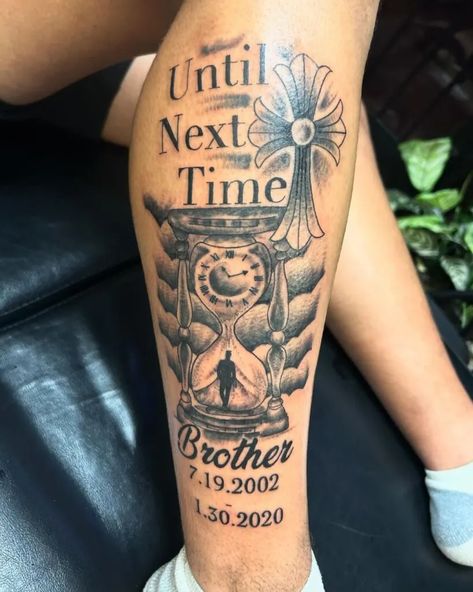 Tattoo Idea For Lost Loved One Men, Rip My Brother Tattoo, Rip Tattoo Ideas For Brother, Haven Tattoo Ideas, Memorial Tattoo Ideas For Boyfriend, Rip Tattoo For Brother, Army Memorial Tattoo Grandpa, Leg Memorial Tattoo, Rip Tattoo For Best Friend